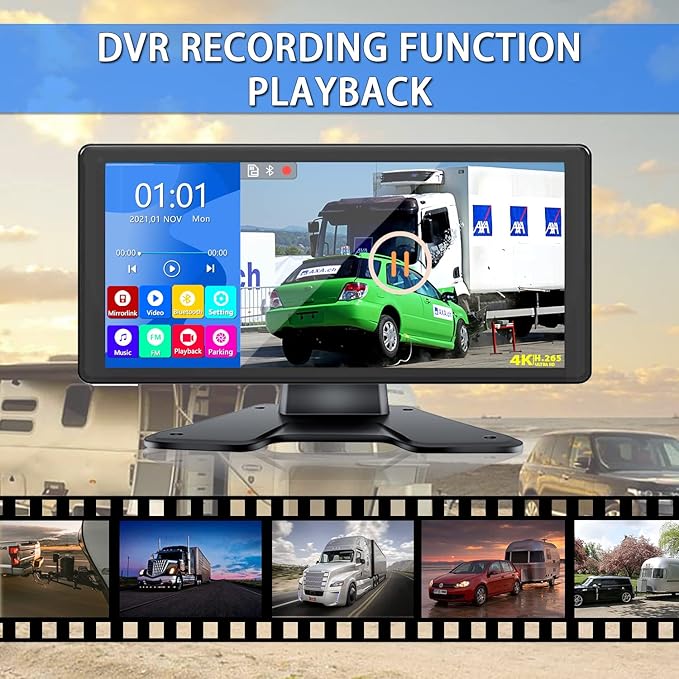RV Backup Camera System with 10.36’’ 4K Monitor for RV Truck Bus Trailer with 4 Rear/Side View 1080P HD Cameras 4 Splits Touch Screen DVR Recording IP69 Waterproof Bluetooth Music Video Avoid Blind