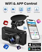 Dash Cam Front Rear 4K/1080P, Dash Camera for Cars Build in WiFi, Full HD Dash Cam with APP Control, 3.94‘’ IPS Screen Dash Camera with 32GB SD Card, G-Sensor, WDR, 24Hr Parking Mote, Loop Recording