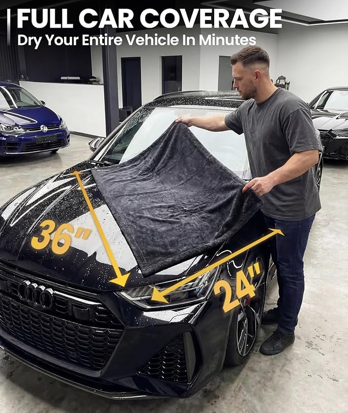 EVEO Car Drying Towel (2 Pack) - (1300 GSM) XL Drying Towels Car Detailing - Car Microfiber Towel (36"x24") Microfiber Drying Towels for Cars Towels Drying, Car Wash Towels, Ultra Absorbent - Grey
