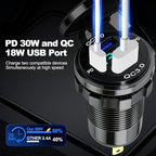 DC 12V Die Cut Mount USB Charger Aluminum Charger 4 USB Ports Dual PD and Dual QC Ports with Voltage Display Meter for Car, RV, Boat, Motorcycle and Panel Mount