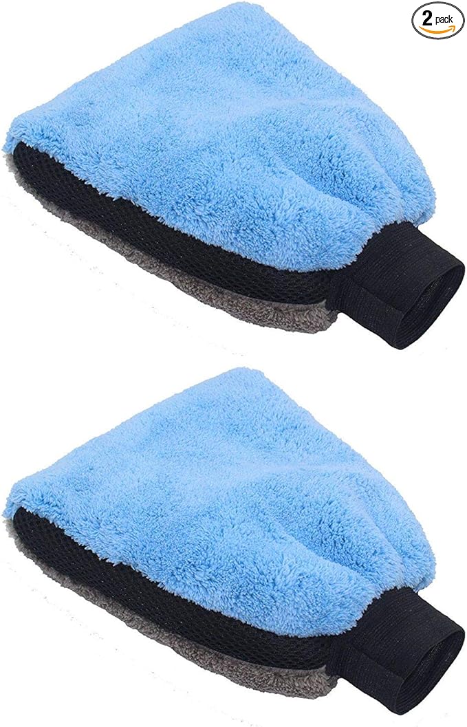 2pcs Car Wash Mitts - Double Faced Coral Velvet Clean Gloves - Scratch-Free No Falling Wool - Auto Window Door Water Absorption Cleaning Brush Tools (Blue - 2 Pack)