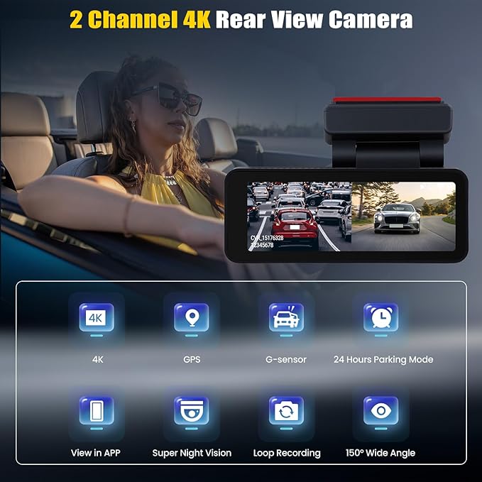 4K Dual Dash Cam Front and Rear, 4K+1080P FHD Car Camera,Dash Camera for Cars Car Camera with GPS WiFi App Control 150° Wide Angle Night Vision G-Sensor Loop Recording 24H Parking Monitoring