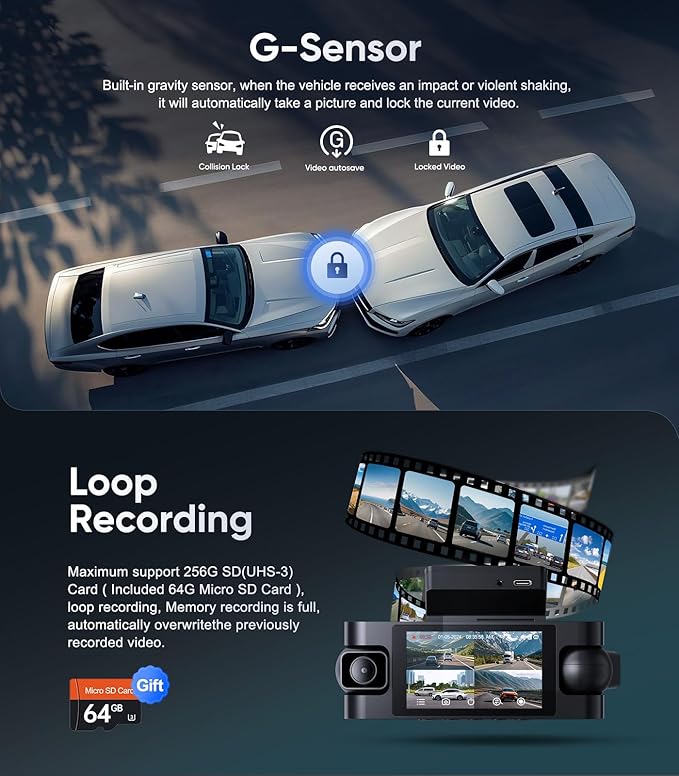 4 Channel Dash Cam Front and Rear Inside Left Right, 1080P Dash Camera for Cars,Car Camera with 3" IPS Screen,Night Vision,Included 64GB Card,Support Optional GPS, 24/7 Recording Parking Mode
