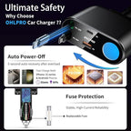 OHLPRO Retractable Car Charger Cigarette Lighter Adapter, 168W 5 in 1 Fast Phone Charging Built-in Replaceable Fuse, Socket Splitter with USB C and USB C Cord, Fit for Phone iPad Galaxy GPS, Grey