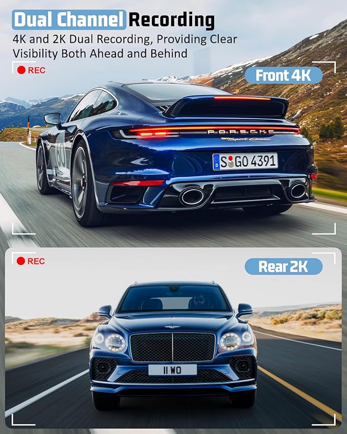 4K Dash Cam Front and Rear, 4K+2K Dash Camera for Cars with 5GHz WiFi & APP Control 64GB Included, 3.2" IPS Screen Dual Dashcam 24H Parking Monitor G-Sensor Night Vision Loop Recording