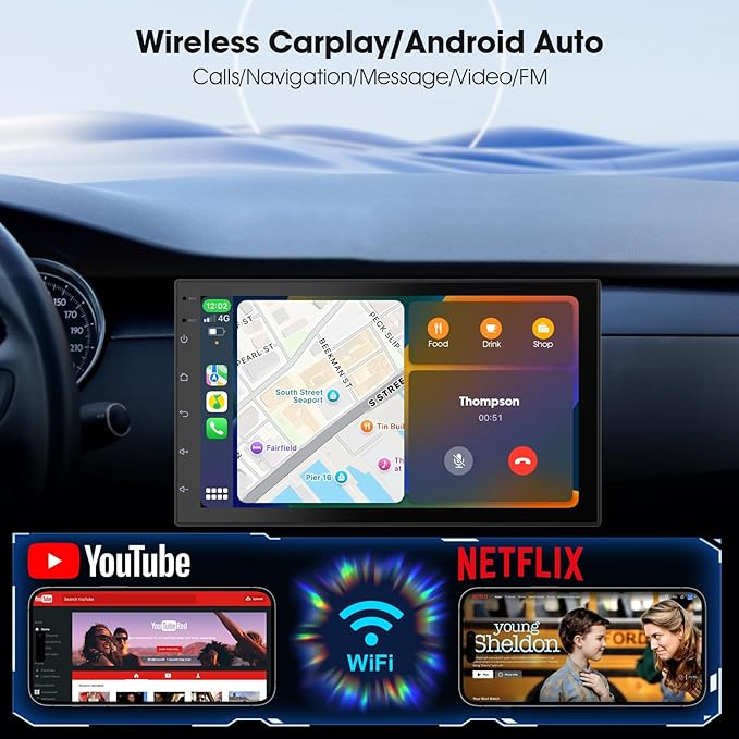Wireless CarPlay Screen for Car & Android Auto Head Unit - Touchscreen 7 Inch Double Din Car Stereo with Backup Camera for All Cars (2+64GB)