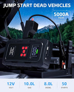5000A Jump Starter with Air Compressor, Portable Car Battery Jump Starter with 150 PSI Tire Inflator for Up to 10.0L Gas and 8.0L Diesel Engines, 12V Jump Box Battery Charger Booster(Red)