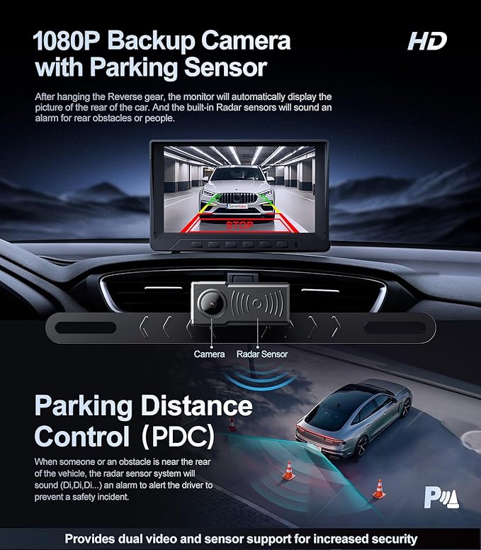 1080P Backup Camera with Backup Sensors Parking Distance Control (PDC) System, Back up Camera Waterproof Clear Night Vision Rear View Camera with 7'' Monitor for Cars/Truck/SUV/RV/Van/Trailer
