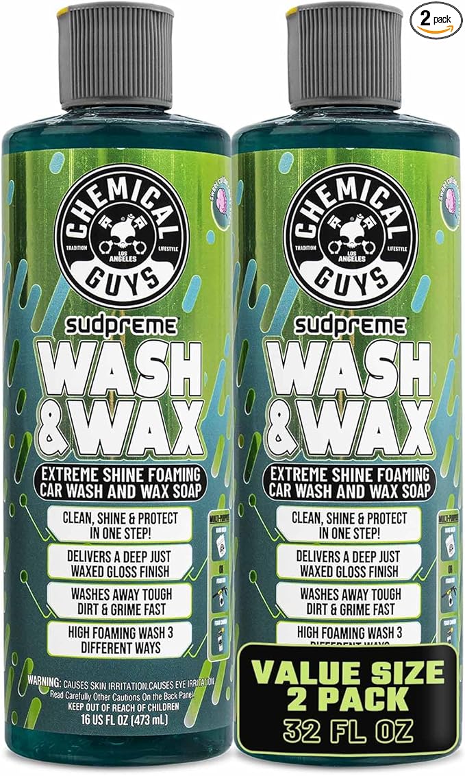 Chemical Guys Sudpreme Wash & Wax Car Wash Soap (2 x 16 Fl Oz) – High-Foam Auto Shampoo with Gloss Boosting Wax for Clean, Shiny Finish