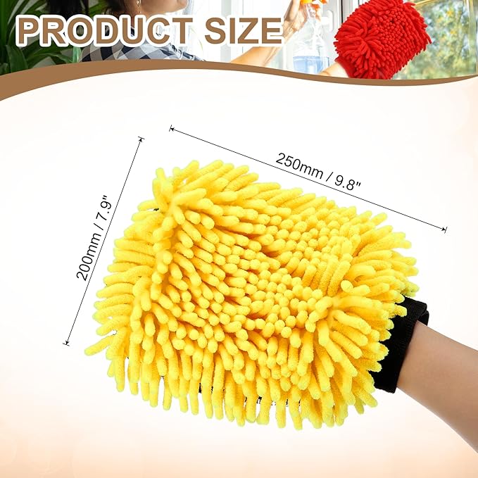 HARFINGTON Chenille Microfiber Car Wash Mitts 9.8" x 7.9" Scratch Free Wash Gloves Absorbent Double Sided Plush Cleaning Drying Mitts for Car Washing Home Clean, Yellow