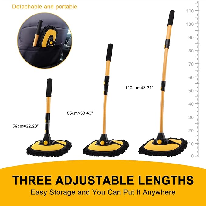 15° Curved Car Wash Brush with 43" Telescopic Handle – Microfiber Chenille Car Wash Mop for RV, SUV, Truck & Boat – Soft, Scratch-Free Extendable Cleaning Tool (Yellow&Black)