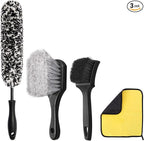 4PCS Compact Wheel & Tire Cleaning Kit - 360° Flexible Synthetic Wool Rim Brush, 2 Dual-Bristle Brushes & Microfiber Towel | Scratch-Free for All Vehicles
