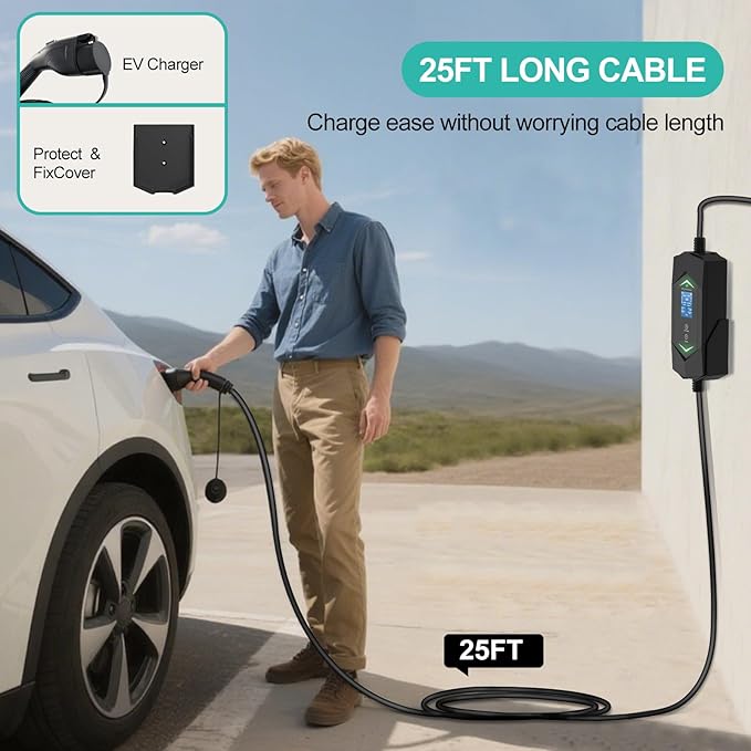 Level 2 Ev Charger for SAE J1772(Plug-Play),40A Fast Charging,220V-240V NEMA 14-50P Plug,25ft Cable ETL Certified,Delay Timer LCD Display,Portable Electric Vehicle Charging Station for Home Level 2
