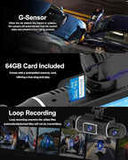 4 Channel Dash Cam Front and Rear Inside Left Right, 360° Dash Camera with 5GHz WiFi & App Control, 24H Parking Monitor, Super Night Vision, G-Sensor, Loop Recording, 64GB SD Card Included