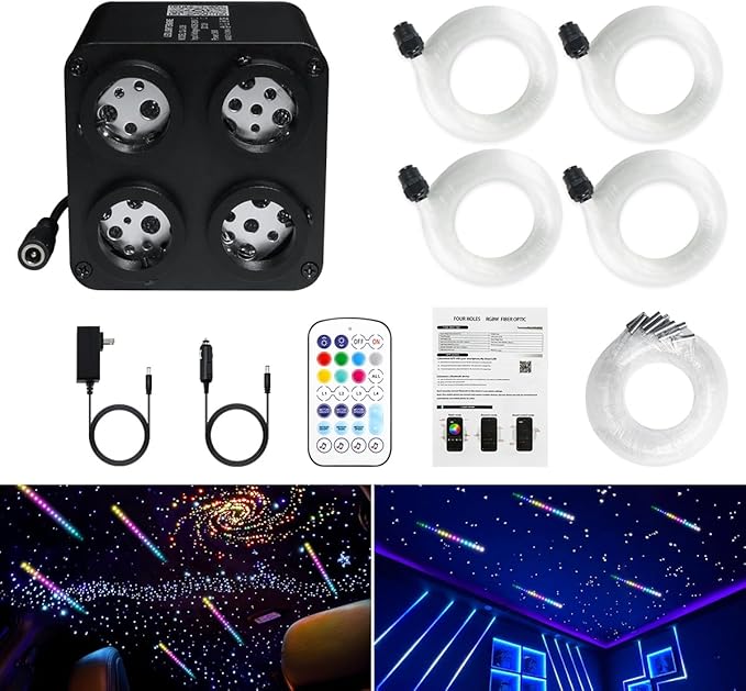 AMKI Updated 4Color Meteor Twinkle 36w Starlight Headliner Kits 1200pcs 0.03in 13.1ft, 240pcs RGB Meteor Shooting Star Cable, 2 in 1 Fiber Optic Light Box RGBW Sound Activated Mode for Car& Home Decor