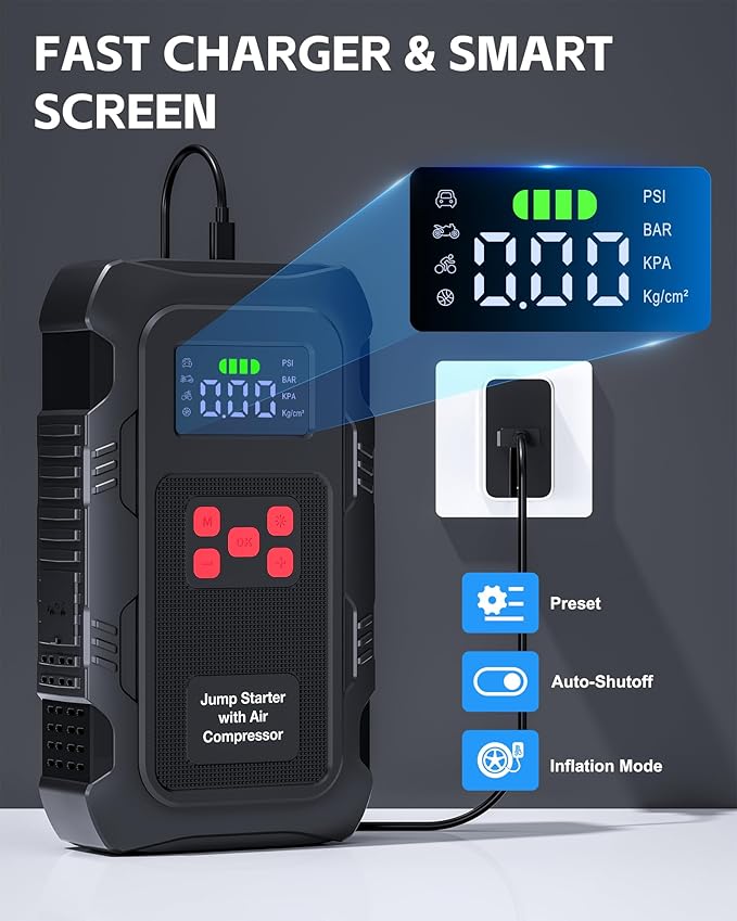 5000A Jump Starter with Air Compressor, Portable Car Battery Jump Starter with 150 PSI Tire Inflator for Up to 10.0L Gas and 8.0L Diesel Engines, 12V Jump Box Battery Charger Booster(Red)
