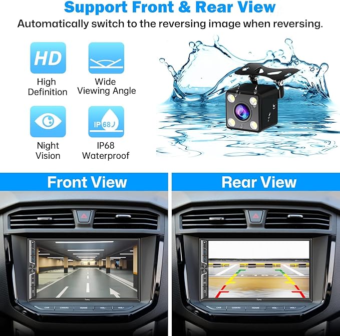 7" Double Din Car Stereo Compatible with Wireless Apple CarPlay & Android Auto, 240W 4.2-Channel Dual Subwoofer Ports, Touchscreen, Bluetooth 5.3, Mirrorlink, Backup Camera, FM/AM Car Radio