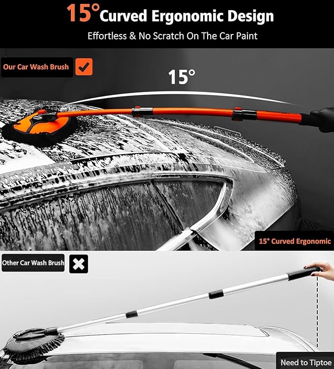 43'' Car Wash Brush with Long Handle Chenille Microfiber Car Wash Kit Mitt Retractable Bent Pole Car Wash Mop for Cars RV Truck Boat (Orange-1)
