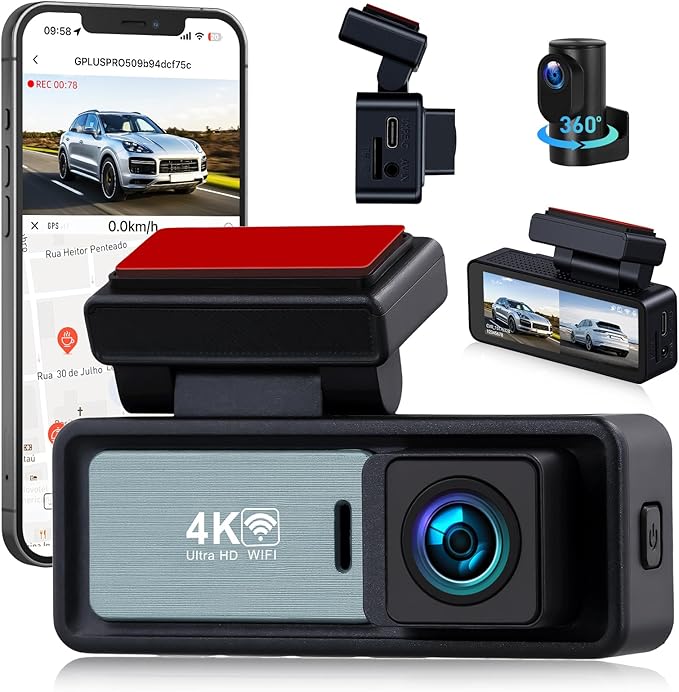 4K Dual Dash Cam Front and Rear, 4K+1080P FHD Car Camera,Dash Camera for Cars Car Camera with GPS WiFi App Control 150° Wide Angle Night Vision G-Sensor Loop Recording 24H Parking Monitoring