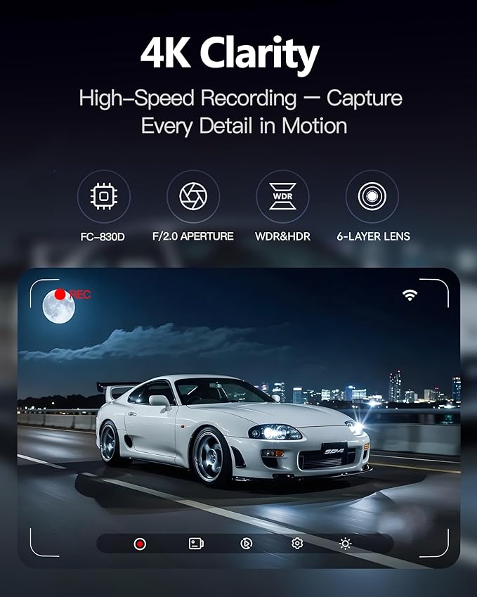 4K Dash Cam Front and Rear 3.2in HD Wireless Mounted Camera for Cars,Built-in 5GWiFi&G-Sensor,Super Night Vision,HDR, Loop Recording App Control 24 Hours Parking Monitor Included 32GB Card