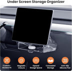 Under Screen Storage Box for Tesla Model Y Juniper 2025 26, Magnetic Hideable Center Console Organizer Tray for Tesla Model 3 Highland 2024 25, with Anti-Slip Silicone Pad, New Model Y 3 Accessories