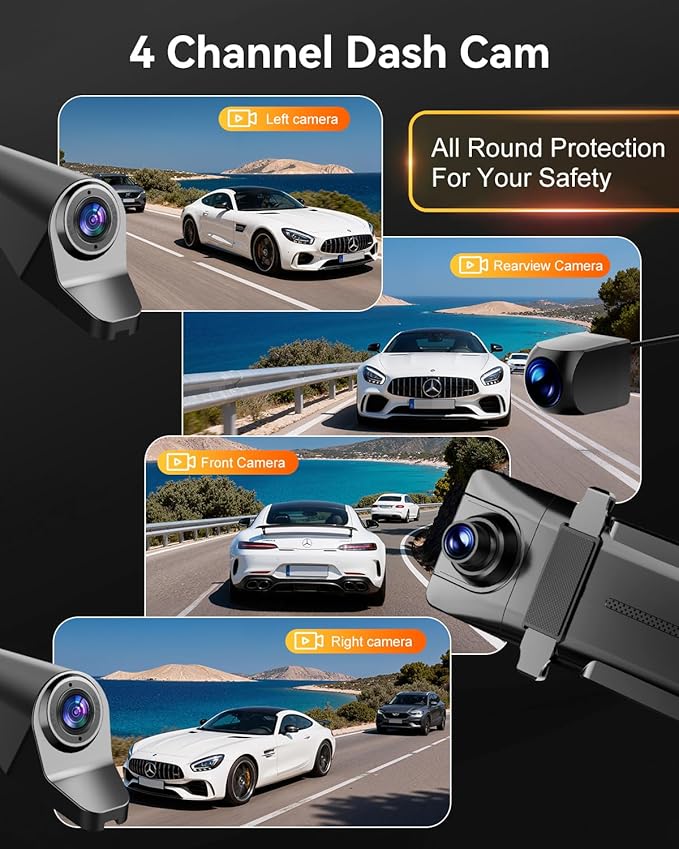 Rear View Mirror Camera,4 Channel Mirror Dash Cam Front and Rear Inside,12" Touch Screen Dash Cam, Backup Camera for Car, 7/24 Parking Monitor,Included Free 128GB SD Card