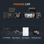 4K 3 Channel Dash Cam Front and Rear with Cabin, 4K+1080P+1080P Dash Camera for Cars, Free 128GB Card Included, Dash Cam with Night Vision, WiFi, GPS, APP Control, Parking Monitor, Loop Recording