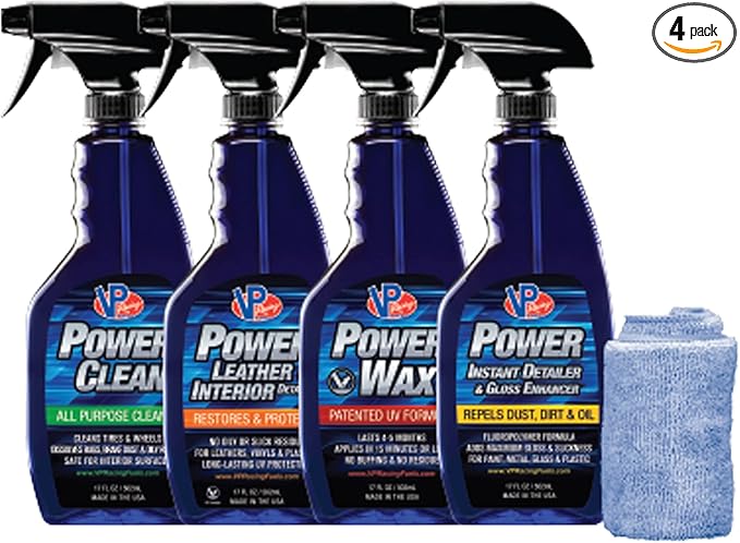 VP Racing Fuels VP Power 4 Pack Car Detailing Cleaning Kit, All-Purpose Cleaner, Spray Wax, Gloss Enhancer, Leather/Interior Spray, & Microfiber Cloth