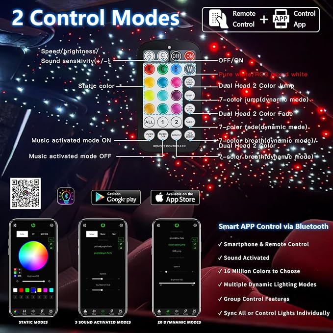 32W RGBW APP Small Size Fiber Optic Lights, Music Activated 600pcs*0.03in(9.8ft/3m) Optical Fiber Star Ceiling Light Kit for Car Headliner Star/Home