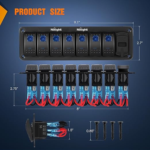 Nilight 7 Gang Rocker Switch Panel with PD Type C and USB Charger Voltmeter 12V SPST ON Off Toggle Switches with Blue Backlit Waterproof Aluminum for Boats Cars RVs Trucks