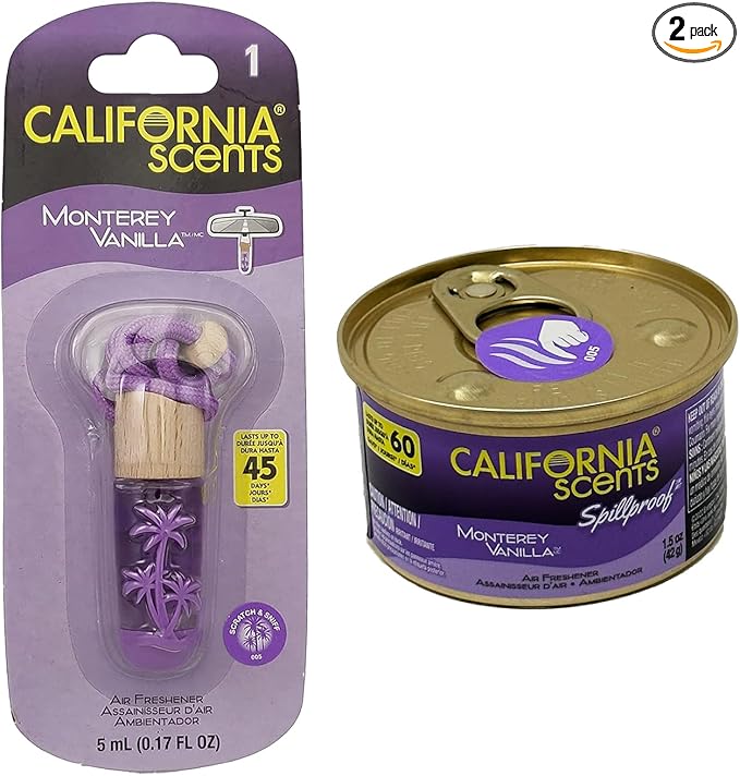 California Scents Hanging Vial & Spillproof Automotive Air Freshener, Best Car Air Freshener Combo Kit: Odor Eliminator for Cars and Long-Lasting Air Freshener - Monterey Vanilla Scent