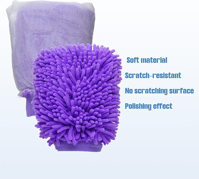 HARFINGTON 2pcs Chenille Microfiber Car Wash Mitts 10" x 7.5" Scratch Free Wash Gloves Absorbent Double Sided Plush Cleaning Drying Mitts for Car Washing Home Clean Purple
