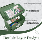 Flexzion First Aid Box Organizer Empty 13" Green Vintage First Aid Kit Tin Metal Medical Box - First Aid Storage Box Container Bins with Dividers, Removable Tray and White Cross Logo