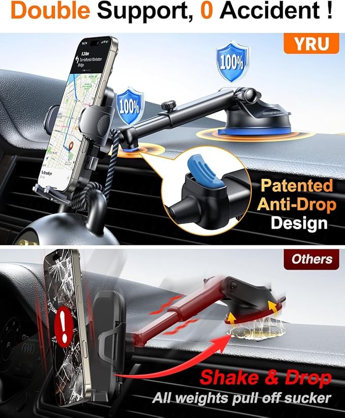 YRU True Military-Grade [360° Rotation Suction] 2026 Ultimate Car Phone Holder Mount 【90+LBS Safest Strongest & Patent Certs】 Dashboard Windshield Vent for iPhone 17 16 Pro Max Samsung,Blue Black