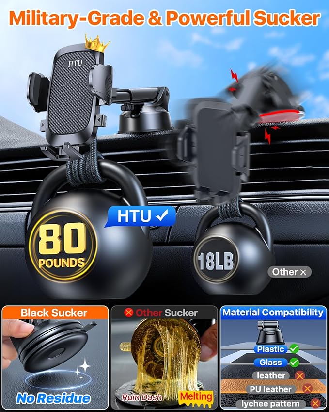 HTU 2026 Ultimate Best【True Military-Grade & Safety Cert】 Universal Cell Phone Holder Truck Car Mount for Dashboard Windshield Air Vent for iPhone 17 16 Pro Max 15 Samsung 2pcs,Black