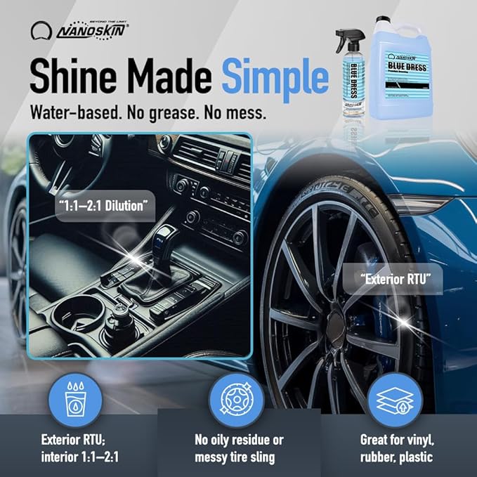 Nanoskin BLUE DRESS Premium Dressing 30 Gallons- Sprayable Interior & Exterior Dressing for Car Detailing | Works on Tire, Vinyl, Rubber, Plastic & Trim| Safe for Cars, Trucks, Motorcycles, RVs & More