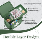 Flexzion Medicine Box, Home Pharmacy Box, 33 x 21 x 19 cm, Metal Medication Storage for Emergency, First Aid Cabinet, with Side Handles, Removable Tray & 5 Compartments, Green