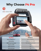 REDTIGER F4 Pro 4K Mini Dash Cam Front and Rear, STARVIS 2 Night Vision, 128GB Card Included, 5.8GHz WiFi 6 Instant Export, 2.2" Touch Screen Dash Camera for Cars, Voice Control, 24H Parking Mode