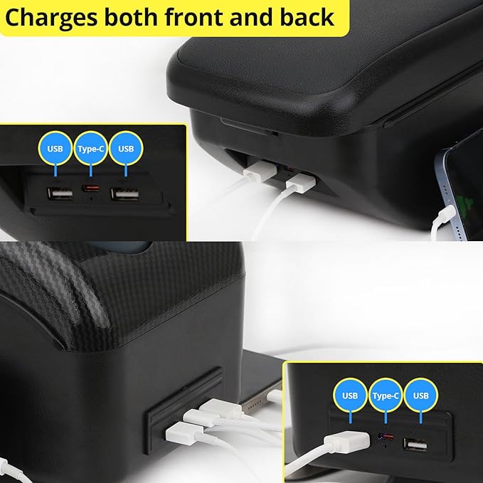 AULPHIKE Compatible with Nissan Note Armrest E-Power Car Center Console Organizer Armrests Double Layer Storage with USB Ports（Black Style）
