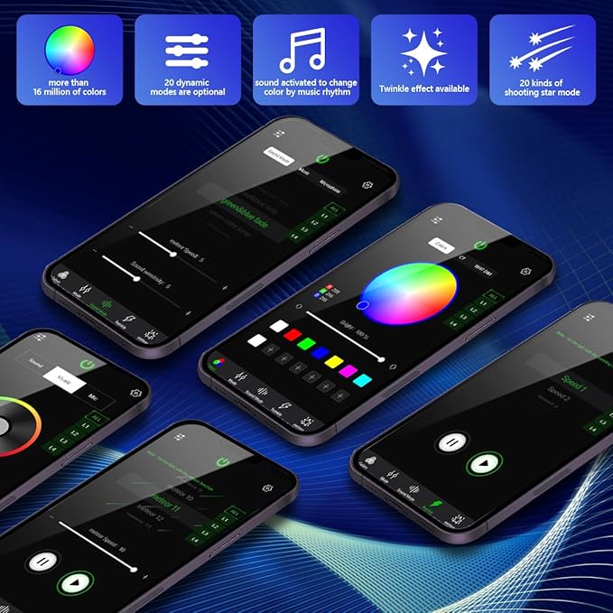 AMKI Updated 4Color Meteor Twinkle 36w Starlight Headliner Kits 800pcs 0.03in 13.1ft, 240pcs RGB Meteor Shooting Star Cable, 2 in 1 Fiber Optic Light Box RGBW Sound Activated Mode for Car& Home Decor