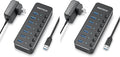 USB 3.0 Hub, RSHTECH 7 Port Powered USB Hub Expander Aluminum USB 3.0 Data Port hub with Universal 5V AC Adapter and Individual On/Off Switches USB Splitter for Laptop and PC(Black) (Pack of 2)