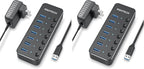 USB 3.0 Hub, RSHTECH 7 Port Powered USB Hub Expander Aluminum USB 3.0 Data Port hub with Universal 5V AC Adapter and Individual On/Off Switches USB Splitter for Laptop and PC(Black) (Pack of 2)