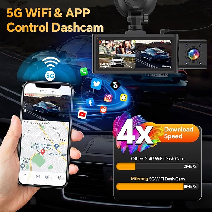 3 Channel 4K Dash Cam Front Rear and Inside with 5G WiFi & APP Control, 4K/2.5K+1080P+1080P Dashcam for Car, Dash Camera with 64GB Card, 24H Parking Monitor, Night Vision, Loop Recording, G-Sensor