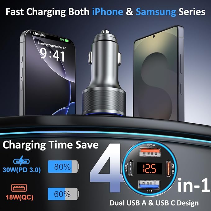 Car Charger 5 Pack, 65W 12V USB Multi Port QC/PD 3.0 Fast Charge Cigarette Lighter Adapter Dual USB-C & USB-A Cargador Carro Car Phone Charger Plug for iPhone 17 16 15 14 13 Galaxy Android(Gray)