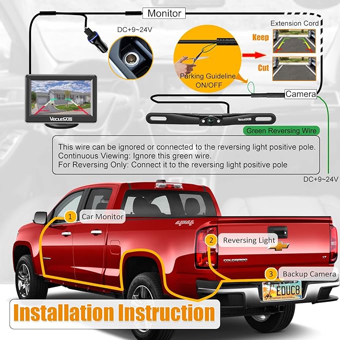 VM1 Wired Backup Camera Kit with 4.3” Monitor, 1080P License Plate Camera, IP68 Waterproof Night Vision, Reverse/Continuous View for Car, SUV, Pickup, Sedan, Truck, 33ft Cable
