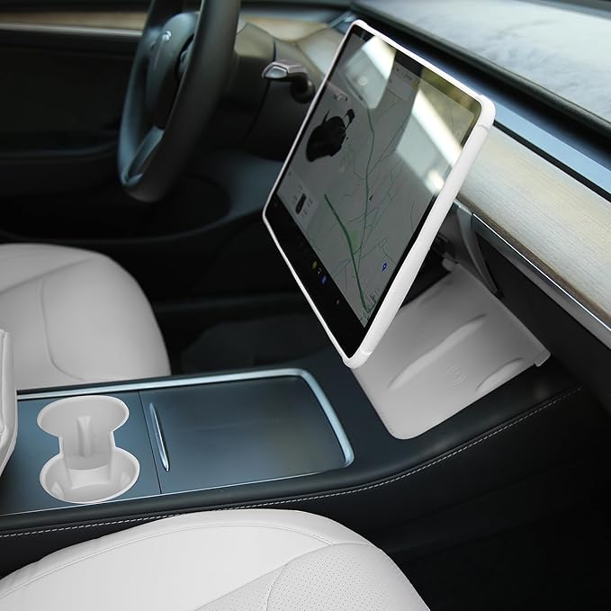 TOPABYTE 3PCS Center Console Accessories for Tesla Model Y 2021-2024 and Model 3 2021-2023 Cup Holder Insert, Screen Edge Protector Frame, Silicone Wireless Charger Mat, White