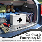 Flexzion First Aid Box Organizer Empty 13" White Vintage First Aid Kit Tin Metal Medical Box - First Aid Storage Box Container Bins with Dividers, Removable Tray and Black Cross Logo
