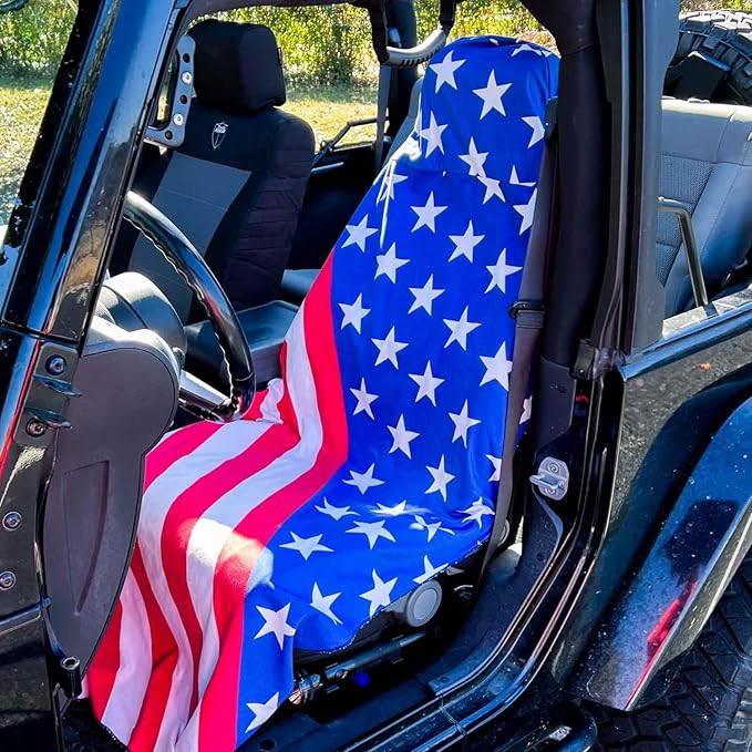 Gone For a Run Car Seat Towel Cover – Hooded Moisture-Wicking Microfiber Seat Protector – 30" x 60" – for Runners and Outdoor Enthusiasts – Patriotic