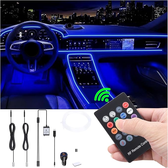 Car Interior Ambient Lighting Kit USB Multicolor RGB 3m Optic Fiber 8 Colors Sound Active Music Sync Memory Function Wireless RF Remote Controller Car Atmosphere Light with car Charger DC 12V