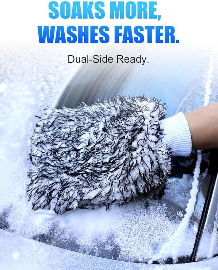 2Pack Premium Microfiber Car Wash Mitt, 10 x 8 Inches, Car Sponge Wrapped in Soft, Machine Washable (Blue & Black)